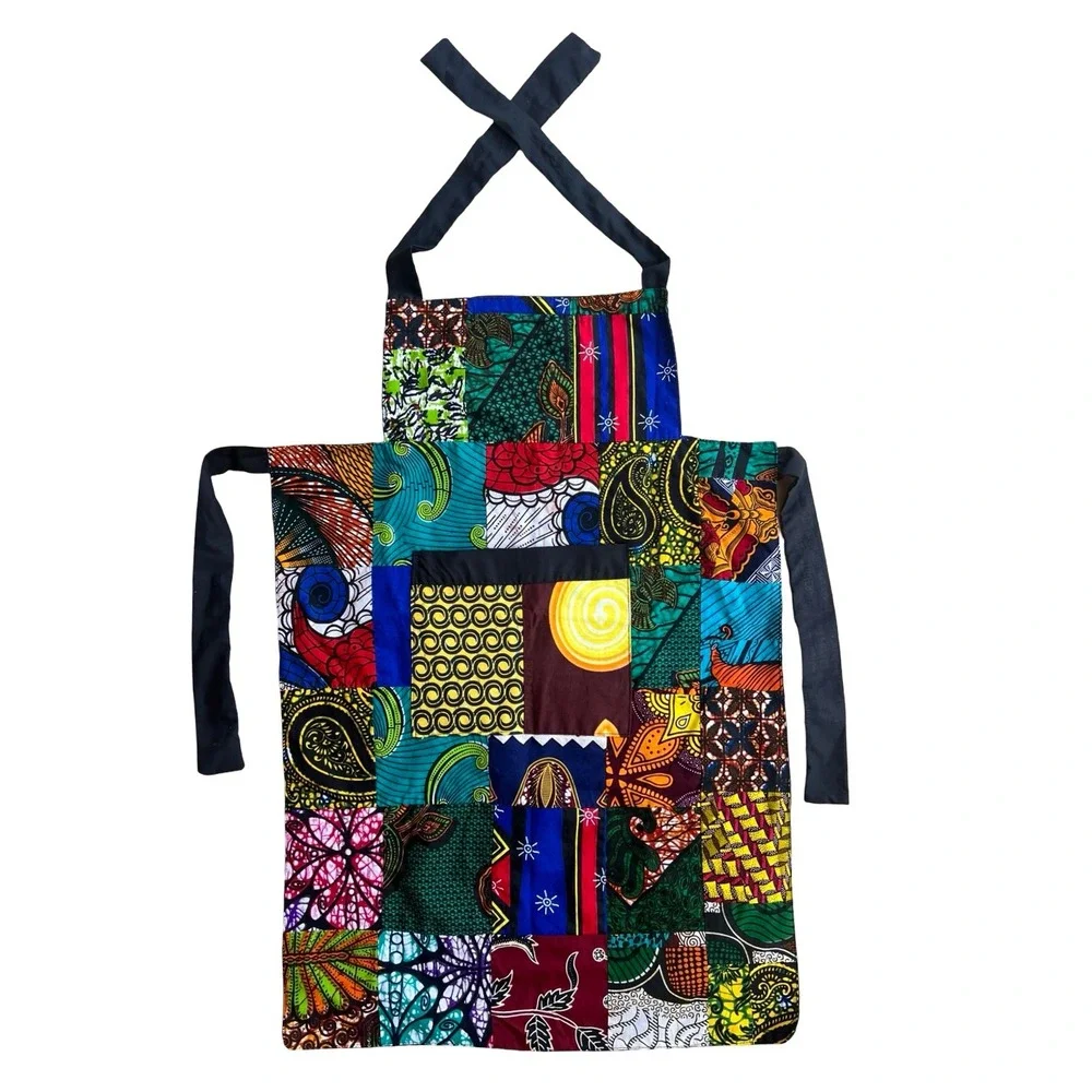 Handmade African Wax Print Patchwork Bib Apron Multicolor Kitchen Cooking Pocket